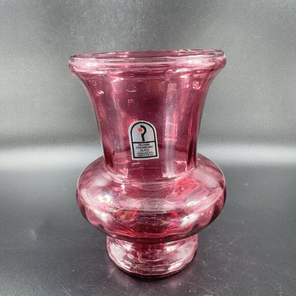 Vintage Pilgrim Cranberry Glass Vase Footed Hurricane Vase Made With Gold USA - Picture 6 of 12